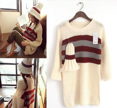 2014秋冬新款韓版東大門(mén)代購(gòu)條紋甜美針織衫 條紋圣誕帽子